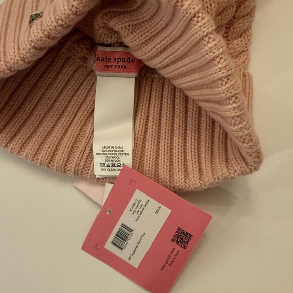 NWT KATE SPADE knit Pom Pom English Rose pink heart beanie winter hat cable os - Picture 4 of 6